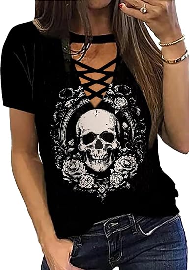 Cute Criss-Cross Hollow Out T-Shirt Women Funny Floral Graphic Print Shirt Casual Short Sleeve Vacation Tops - skull leggings