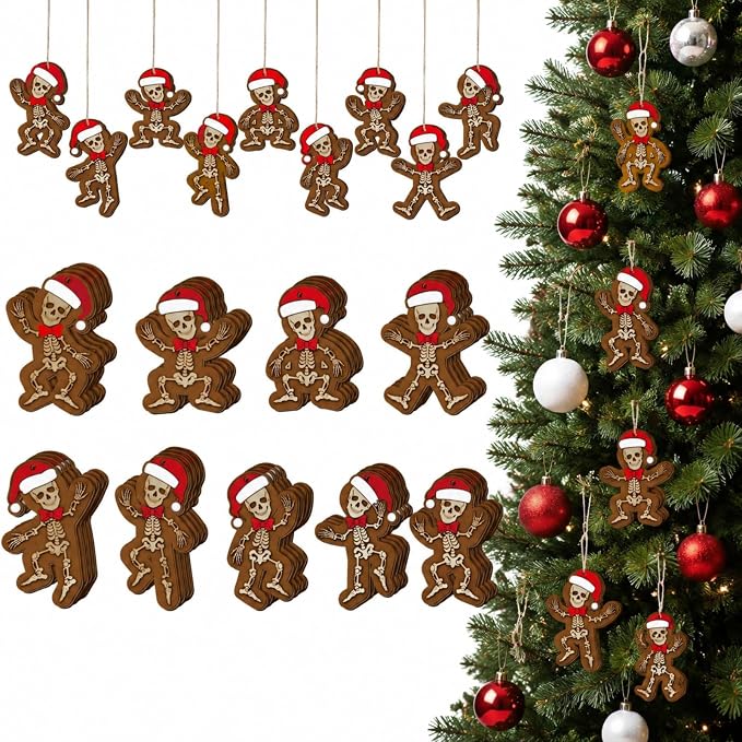 Huwena 36 Pcs Christmas Wood Ornaments Skeleton Gingerbread Man Decorations - skeleton