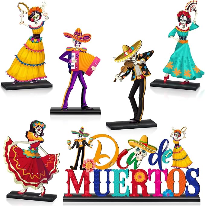 Barydat 6 Pcs Dia De Los Muertos Decorations for Altar Wooden Table Signs - skull plate
