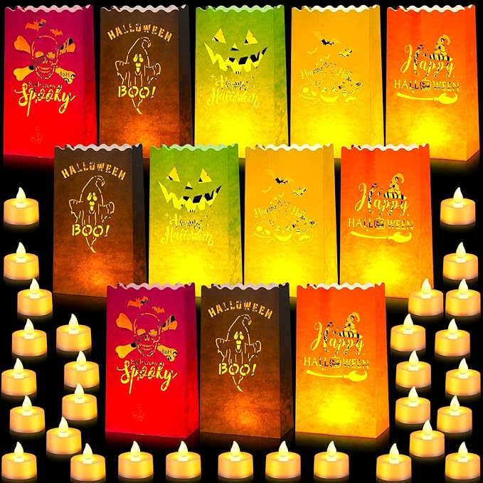 Roowest 72 Pcs Halloween Luminaries Bags with LED Lights, Flame Resistant - skull candle