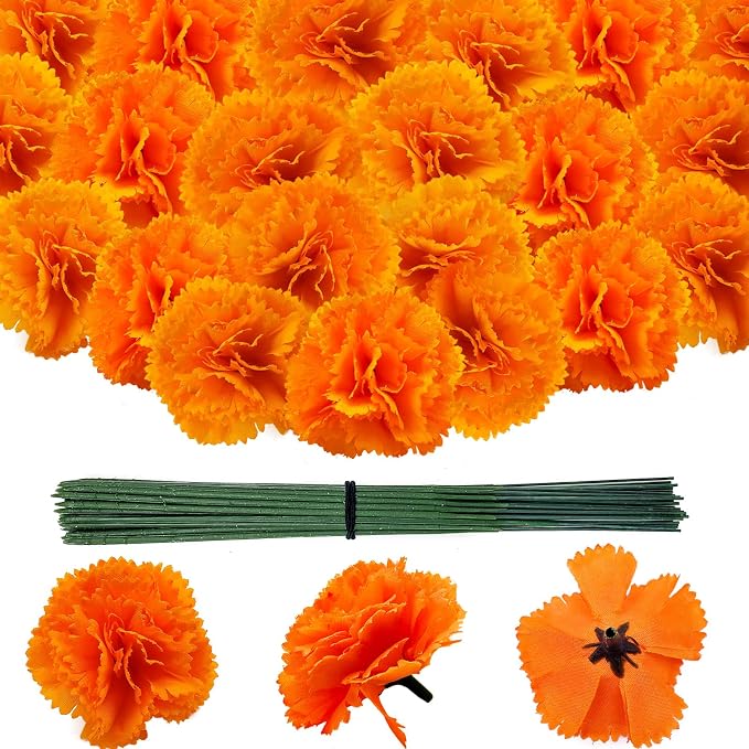 Beau Jour 100 Pcs Marigold Flowers Heads with Floral Stems, Silk Orange Artificial Flowers for Diwali Day of The Dead DIY Marigold Garland Wreath Decor (100) - skull wreath