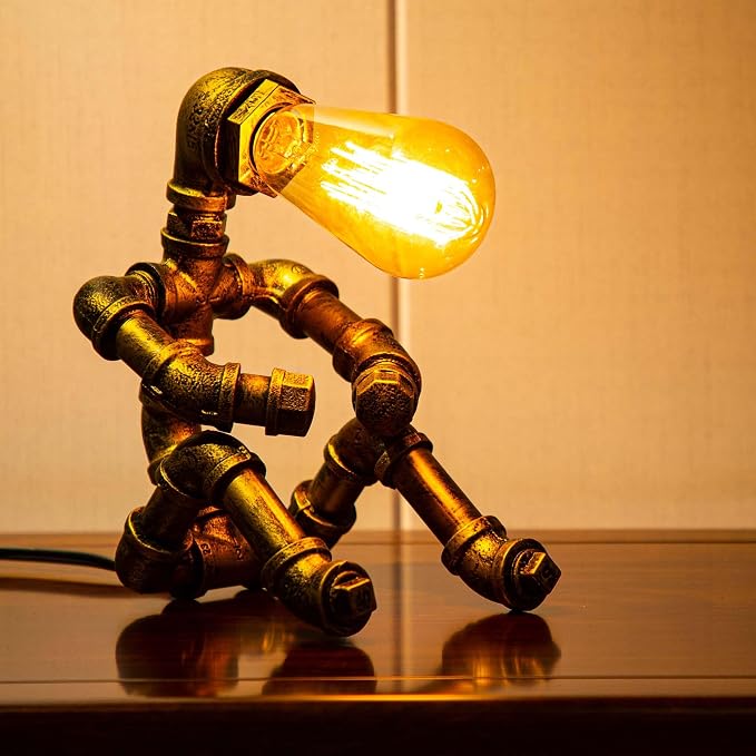 Steampunk Table Lamp, Vintage Industrial Metal Robot Table lamp, Water Pipe Table Lamp, Robot Style Desktop Light for Bedside Desk Bar Cafe Desktop Room Decoration - skull lamp