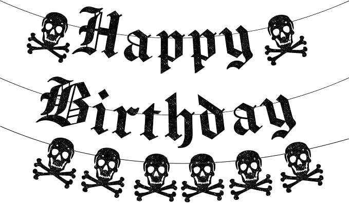 Gothic Happy Birthday Banner Black Glitter Old English Skull Garland Funny Funeral Birthday Banner for Scream Party,20th 30th 40th Birthday,Gothic Birthday Decorations,Halloween Party - skull inflatable