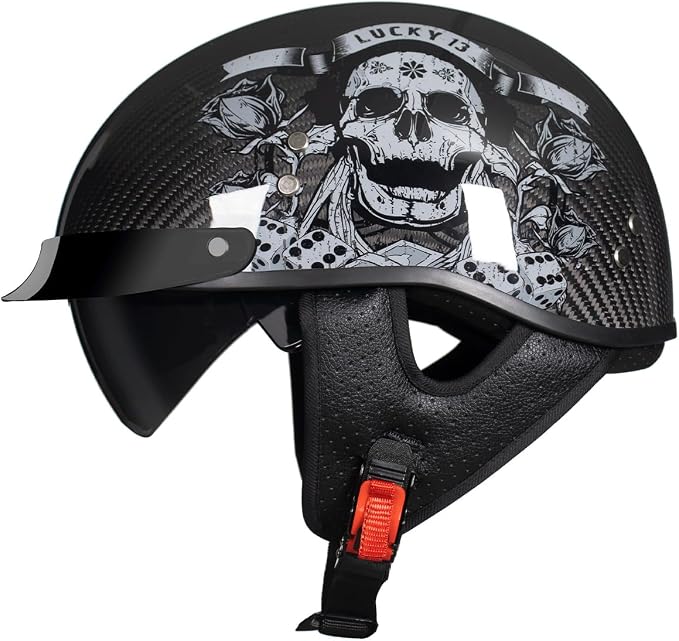 DA-500 Carbon Fiber Motorcycle Half Helmet, DOT Approved Half Shell Open Face Helmet with Drop Down Sun Visor, Lightweight Retro Cruiser Scooter Helmet for Men and Women - skull helmet