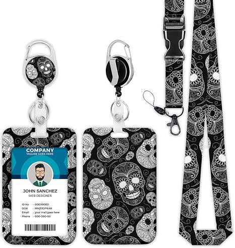 Black Sugar Skull Lanyard with Badge Holder, The Day of The Dead Skull Badge Reel Retractable Badge Holder with Lanyard for Teacher, Women, Kids - skull backpack