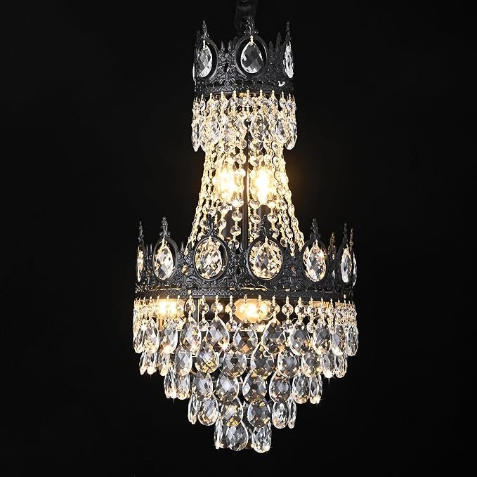 Chandelier, 12” Black French Empire Light Fixture, 6-Light K9 Crystal, Adjustable Hanging, for Hallway Entryway Kitchen Foyer