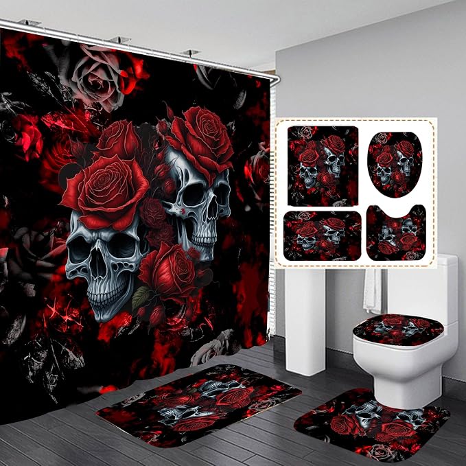 4Pcs Skull Shower Curtain Set, Helloween Red Rose Skull Shower Curtain Set Non-Slip Rug,Toilet Lid Cover,U Shape Mat,Waterproof Bathroom Decor Sets with 12 Hooks,Red Black