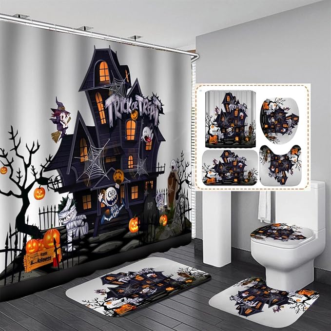 4 Pcs Halloween Haunted House Shower Curtain Set for Bathroom - skull toilet mat