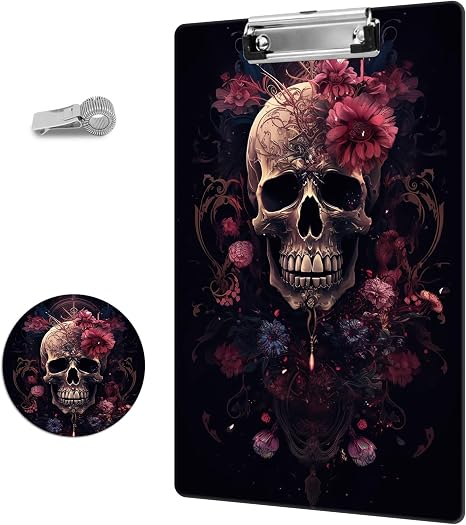 Plastic Clipboard Plus a Cute Coaster and Pen Clip, A4 Letter Size Clipboard with Retractable Hanging Hole for Nurses/Students/Office and Women, Decorative Pattern (Skull Flower） - skull coaster