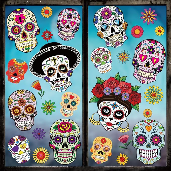 Whaline 9 Sheets Day of The Dead Window Clings Halloween Double-Sided Sugar Skull Design Window Stickers Colorful Flower Patterns Windows Decals for Mexican Haunted House School Office - skull sticker