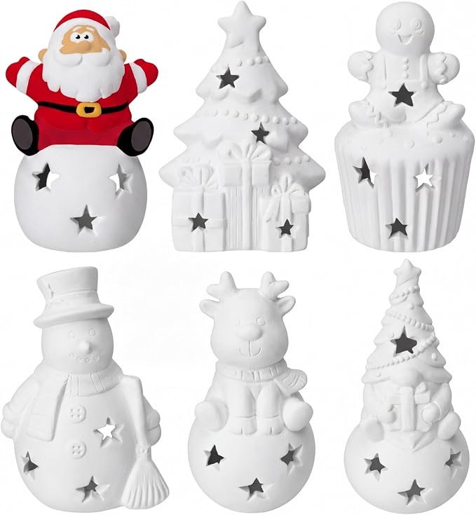 Suzile 6 Pcs Christmas Ceramic Figurines 5 Inch, Santa Snowman Tree Gnome - skull painting