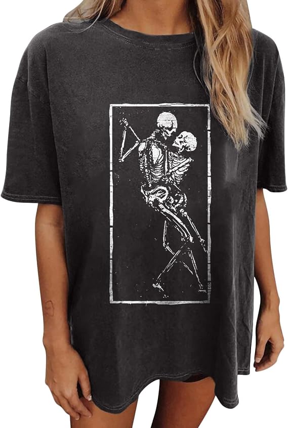 Wukreran Oversized Tops for Women Short Sleeve Shirts Dressy Casual Plus Size Cute Graphic Tees Summer Loose Fit T-Shirts - skull tshirt