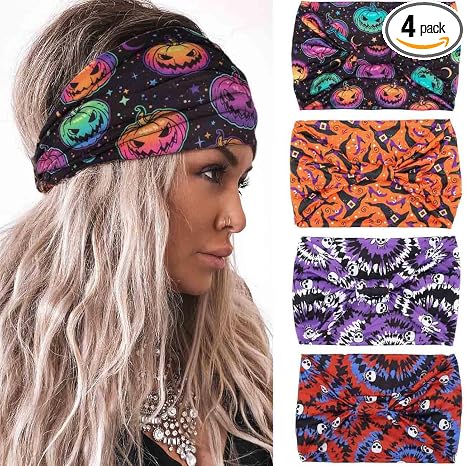 Olbye Halloween Headbands for Women Wide Knotted Head Bands Pumpkin Turban Non Slip Hairbands Stretch Workout Head Wraps Yoga Hair Scarfs Halloween Hair Accessories for Women 4Pcs (C) - skull headband