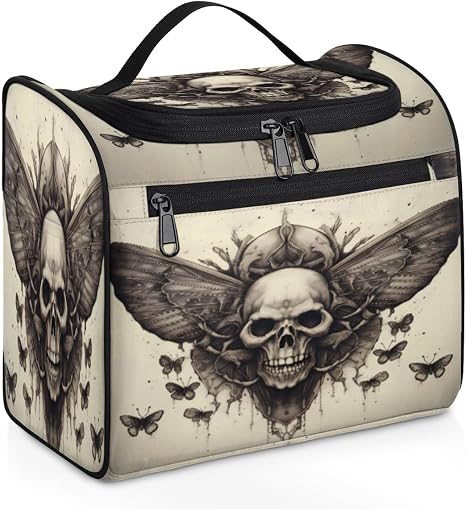 cfpolar Vintage Deaths Head Moth Skull Toiletry Bag for Women, Hanging Travel Toiletry Bag, Water-resistant Cosmetic Makeup Organizer for Toiletries and Cosme - skull suitcase