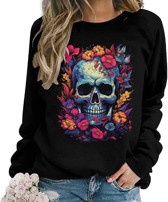 Lurhonp Women's Skull Graphic Sweatshirt Halloween Crewneck Long Sleeve Pullover Tops - skull hoodie