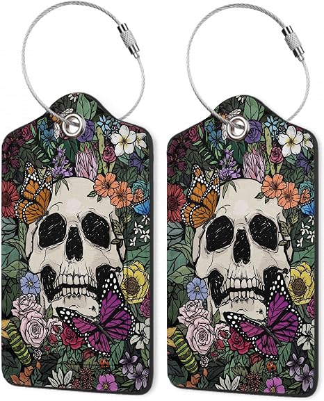 Luggage Tag for Suitcase Gothic Skull Flowers Cute Luggage Tag with Privacy Flap & Name ID Label & Metal Loop,Travel Suitcase Tags for Women 2Pcs - skull suitcase