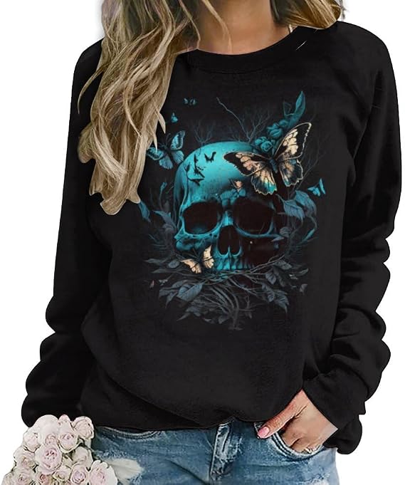 Lurhonp Women's Skull Graphic Sweatshirt Halloween Crewneck Long Sleeve Pullover Tops - skull hoodie