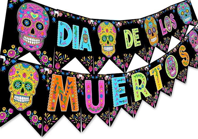 Sugar Skull Dia De Los Muertos Banner – Day of the Dead Pennant, Halloween Skull Party Decorations, Mexican Fiesta Halloween Supplies by POP parties - DotD - skull carpet