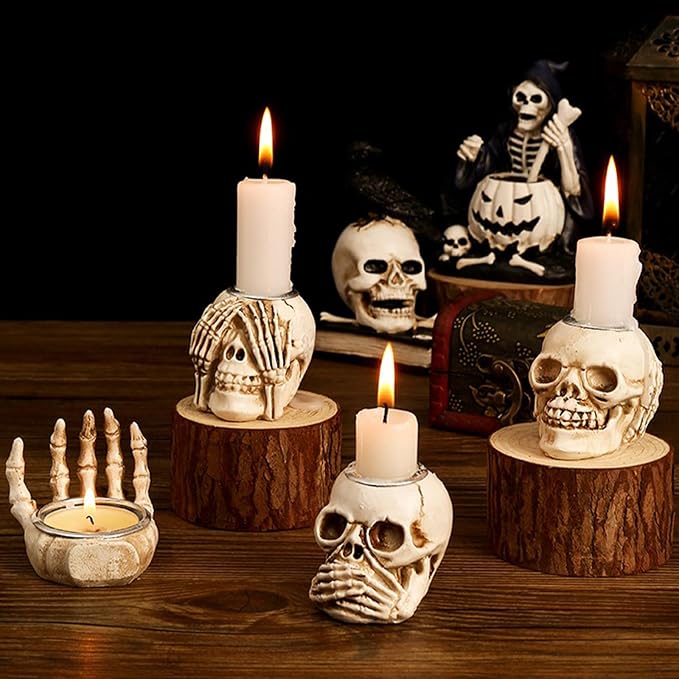 Whaline 4Pcs Halloween Candle Holder Gothic Skeleton Palm Skull Decor Mini Candlestick Holder Resin Tealight Holder for Home Tabletop Spooky Theme Party Decor Supplies - skull candle