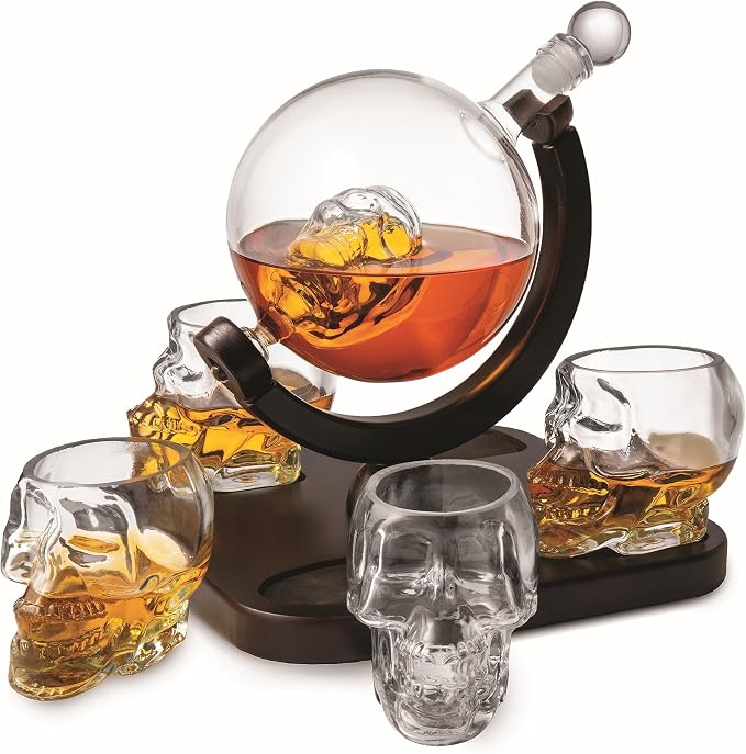 Godinger Skull Whiskey Decanter and Skull Whiskey Glasses Barware set, Skull Liquor Decanter and 4 Whiskey Glasses, Gifts for Dad, Gifts for Men