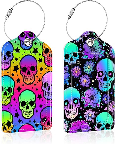 2 Pack Neon Skulls Luggage Tag for Suitcase,Skulls and Flowers PU Leather Suitcase Tags Identifiers with Privacy Name Address Labels and Steel Loop for Women Men Travel - skull suitcase