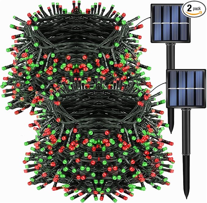Dazzle Bright 2 Pack Total 132FT 400LED Red and Green Christmas Solar String Outdoor Lights, Solar Powered with 8 Modes Waterproof Fairy Lights for Bedroom Patio Garden Tree Party Yard Decoration - string light