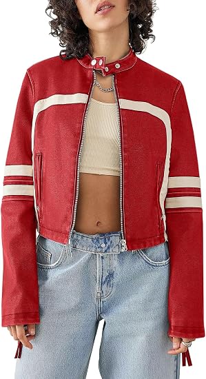 Saodimallsu Womens Faux Leather Jackets Cropped Racer Moto Biker Coats - skull jacket