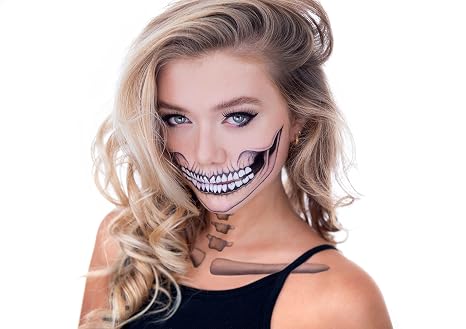 2 x Classic Skull Temporary Tattoo Halloween Costume for Men and Women, Adult, Face Sticker - sugar skull makeup