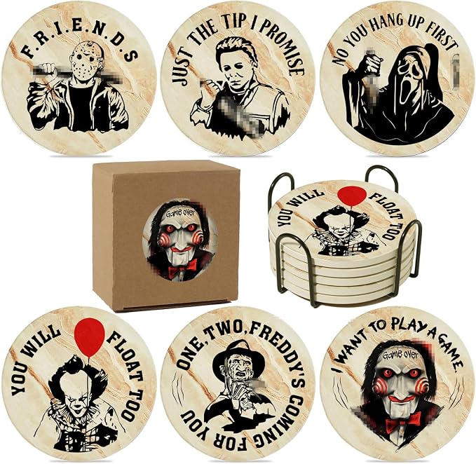 Halloween Horror Coasters for Drinks,6PCS Spooky Coasts Set with Coaste Holder,Stone&Cork Coaster for Coffee Table,Scary Killer for Home Decor,Merchandise Show Gifts - skull coaster