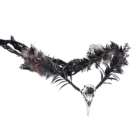 MOSTORY Handmade Raven Elf Crown - Gothic Feather Cirlet with Crow Skull Black Flower Tiara with Rhinestone for Witch Sorcerer Renaissance Halloween Wedding Cosplay Photo Prop - skull headband