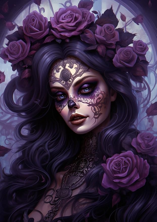 DIY Diamond Art Painting Kits for Adults Black and Purple Sugar Skull Girl Round Full Drill Canvas Gems Cross Stitch Art Kit 5D Painting by Diamond Mosaic Craft for Halloween 30x40cm(1) - sugar skull book