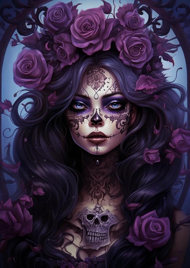 DIY Diamond Art Painting Kits for Adults Black and Purple Sugar Skull Girl Round Full Drill Canvas Gems Cross Stitch Art Kit 5D Painting by Diamond Mosaic Craft for Halloween 30x40cm(8) - skull painting