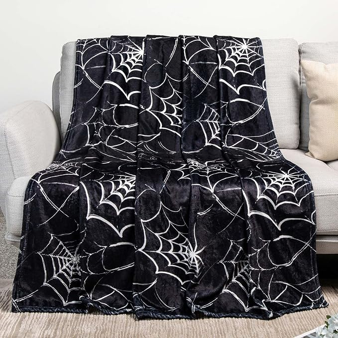 Gothic Spider Web Blanket Black Halloween Flannel Throw for Couch and Bed