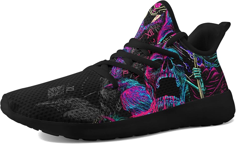 Skull Walking Shoes for Men Mesh Athletic Road Running Shoes Lightweight Breathable Halloween Training Sports Shoes Tennis Walking Sneaker - sugar skull boots