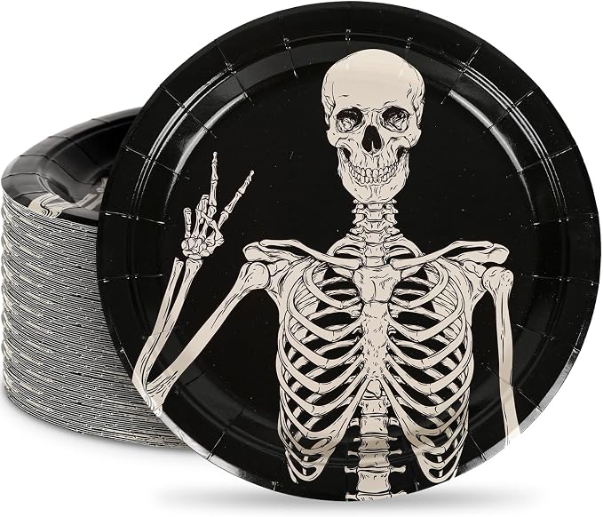 Halloween Paper Plates Disposable Spooky Smiling Skeleton Plates 9 Inch Decorative Dinner Tableware Dessert Plates for Holiday Party Decor Supplies, 24Pcs - skull plate