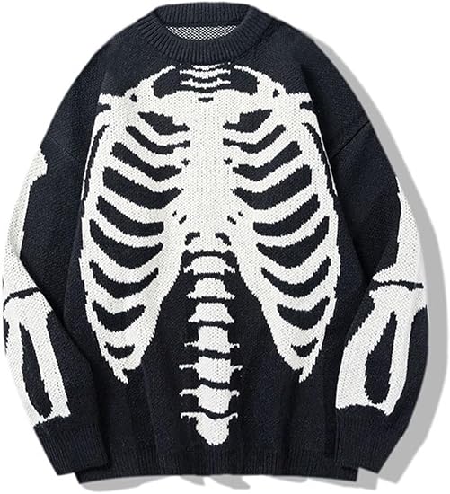 Gihuo Women Oversized Skeleton Sweater Graphic Crewneck Knit Tops - skull jacket