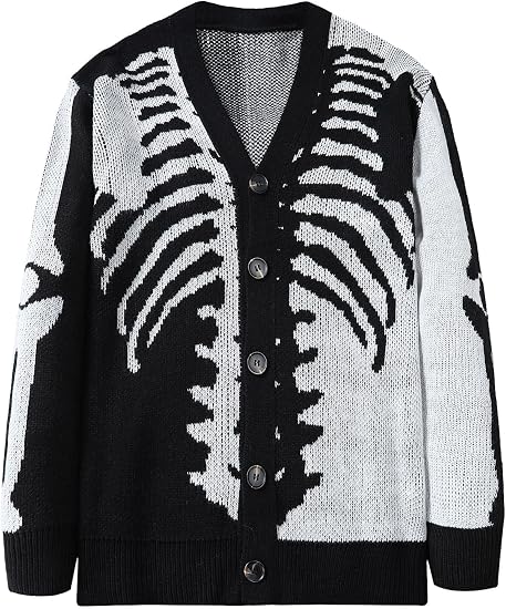 SHENHE Men's Skeleton Pattern Cardigan Long Sleeve Unisex Knitted Sweaters - skull tank tops