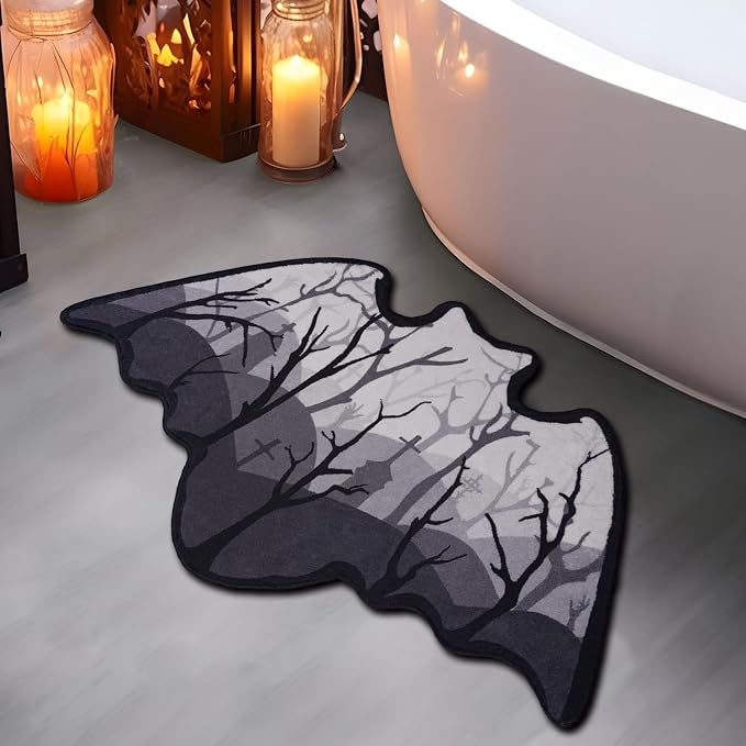 Bat Bath Mat Halloween Bat Bath Rugs Horror Rug Door Mats Soft Absorbent Non-Slip Goth Area Decor for Bathroom Bedroom Kitchen Room, 19.5"x 35" - skull toilet mat