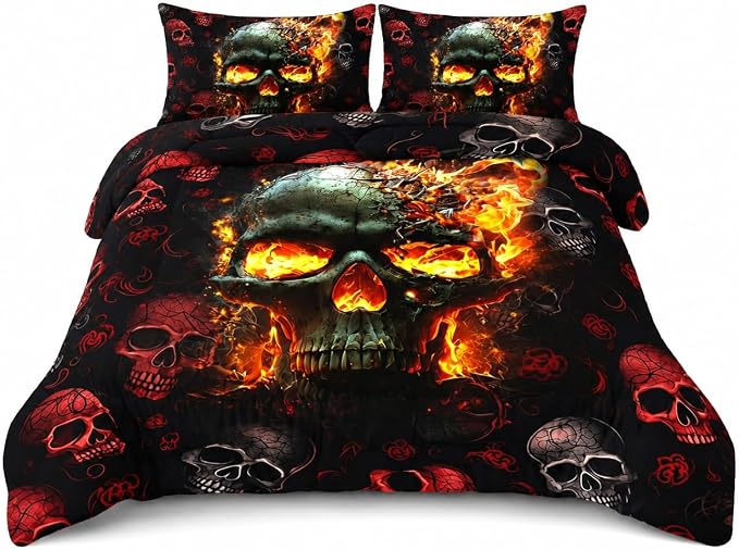 AILONEN Fire Skull Bedding Set Queen Size, 3D Skeleton Comforter Set Bedroom Decor Men,Fiery Style Black Tint Soft Breathable Bed in a Bag,3 Pieces,1 Quilt and 2 Pillowcases