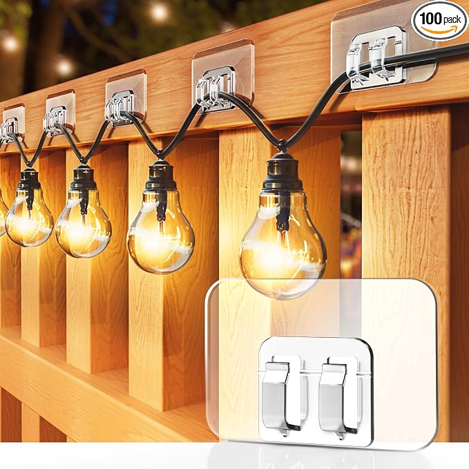 Hooks for Outdoor String Lights - 100 Pack with Adhesive Strips - No Damage, No Tools, No Holes, Waterproof and UV-Resistant, Perfect for Christmas and Patio Decor - string light