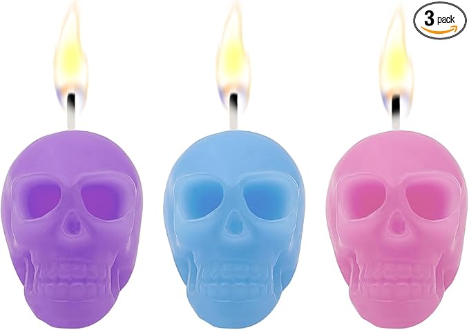 3 PCS Skull Candles Horror and Novelty Decor, Home Decorative Themed Candles for Halloween, Birthday Candle Gifts, Scary Christmas Party Accessories (Blue + Purple + Pink) - skull candle