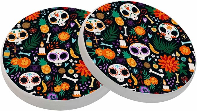 oFloral Floral Skull Coasters for Drinks Day of The Dead Bone Colorful Ethnic Mexico Drink Coaster Round 4 Inch for Coffee Table House Gifts Home Decor - skull coaster