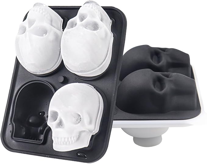 3D Skull Ice Cube Mold, Large Ice Cube Tray, Skull Shape Silicone Ice Mold with Clear Funnel-type Lid, Make 4 Funny Giant Ice for Whiskey Cocktails and Juice, Black - skull ashtray