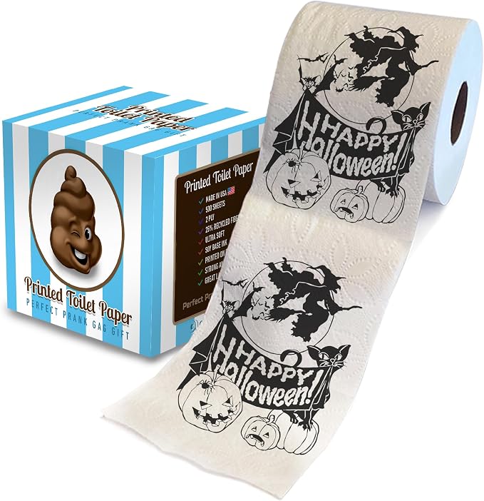 Printed TP Happy Halloween Printed Toilet Paper Gag Gift – Scary Toilet Paper Roll for Surprise, Prank, Funny Novelty Gift for Spooky Haunted House Party Halloween Decoration – 500 Sheet