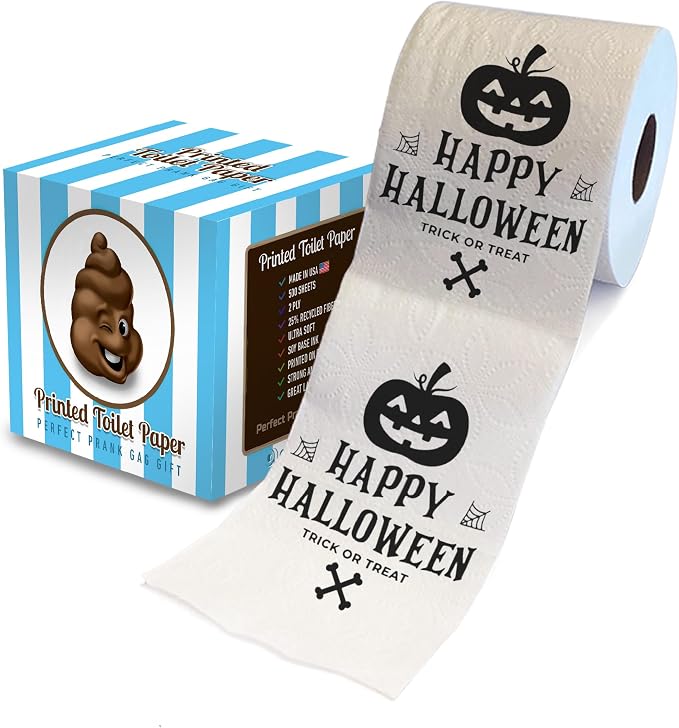 Printed TP Halloween Laughing Pumpkin Printed Toilet Paper Gag Gift – Scary Toilet Paper Roll for Surprise, Prank, Funny Gift for Spooky Haunted House Party Halloween Decoration – 500 Sheet - skull toilet paper