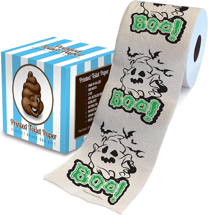 Printed TP Halloween Boo! Ghost Printed Toilet Paper Gag Gift – Scary Toilet Paper Roll for Surprise, Prank, Funny Novelty Gift for Spooky Haunted House Party Halloween Decoration – 500 Sheet - skull toilet paper