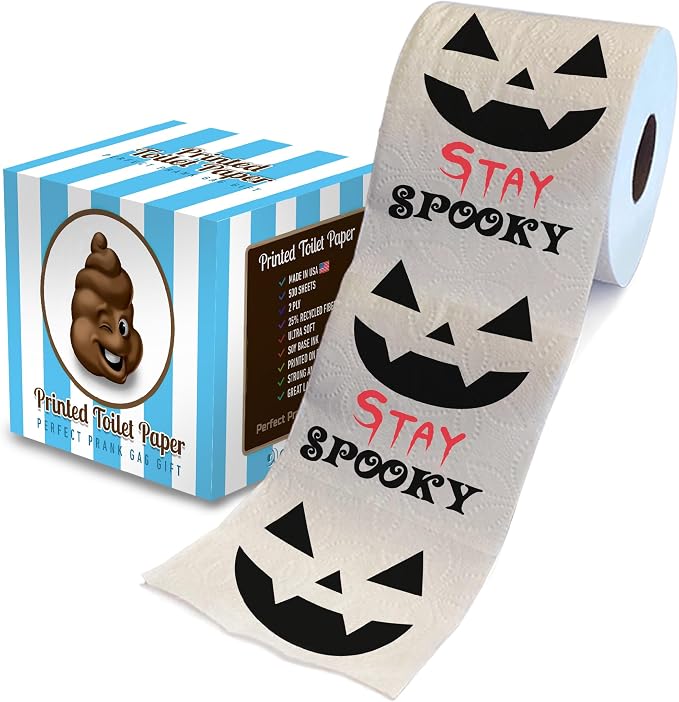 Printed TP Halloween Stay Spooky Printed Toilet Paper Gag Gift – Scary Toilet Paper Roll for Surprise, Prank, Funny Novelty Gift for Spooky Haunted House Party Halloween Decoration – 500 Sheet - skull toilet paper