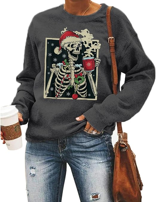 FCDIED Dead Inside Skeleton Christmas Sweatshirt Women Christmas Coffee Pullover Tops Coffee Lover Xmas Gift Shirt - skull sweatshirts