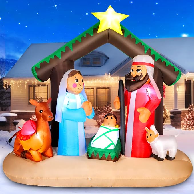 7FT Christmas Inflatable Nativity Scene with Baby Jesus, Parents, Donkey, Sheep, Star, Blow Up Manger Set Indoor & Outdoor Decorations, Built-in LED Lights for Garden, Lawn, Yard, Christmas Parties - skull inflatable