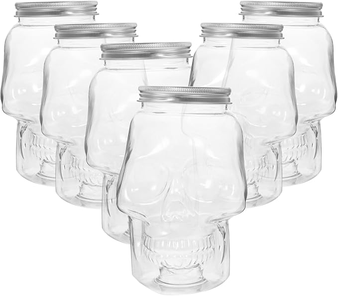 HOMSFOU Spooky Skull Clear Plastic Drink Bottle 6pcs Empty Refillable Drinking Bottles With Lids Milk Beverage Bottles Candy Cookies Jar For Halloween Party Supplies Events 800ml - skull bottle